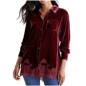 Soft Surroundings Eden Cabernet Burgundy Velvet & Lace Shirt Large